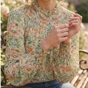 LOFT Buttercup Floral Smocked Ruffled Mock Neck Blouse, Small, Cottagecore